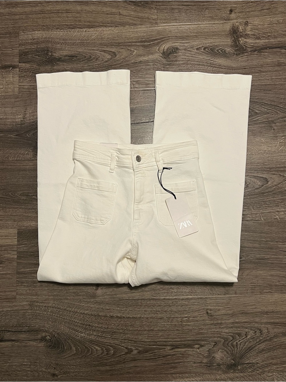 NWT Zara ZW White Wide Leg Jeans Patch Pocket High Rise Ankle Size 6